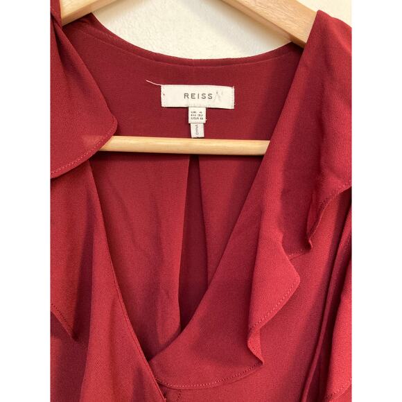 REISS ruffle front burgundy red long sleeve shirt size 4 - Picture 4 of 10